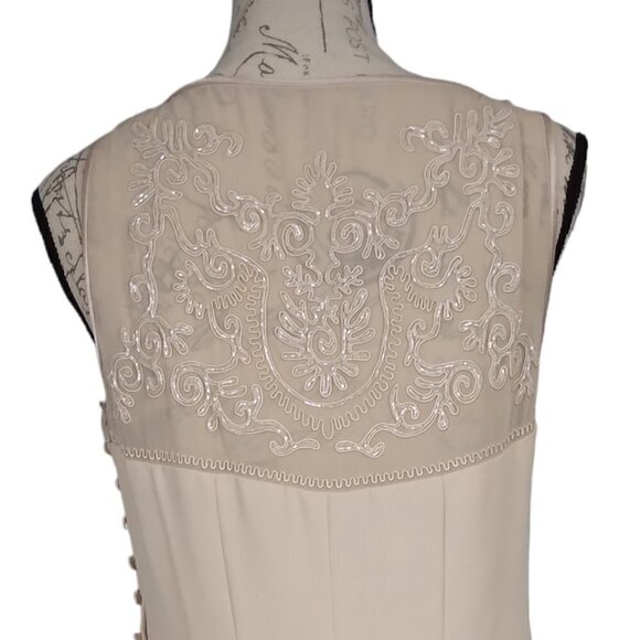 Donna Morgan | Beaded Embroidered Sheer Crepe Sheath Dress Beige  |  Size 10 - Picture 7 of 10